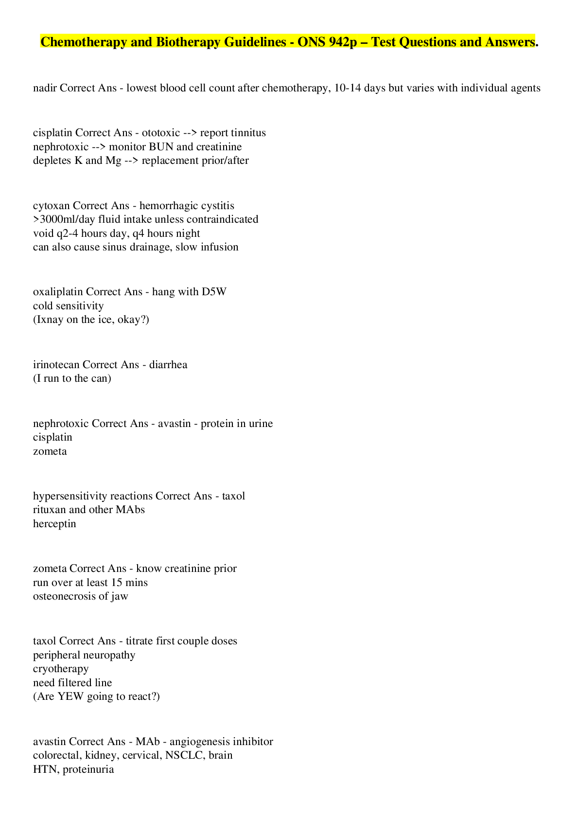 Chemotherapy and Biotherapy Guidelines - ONS 942p – Test Questions and